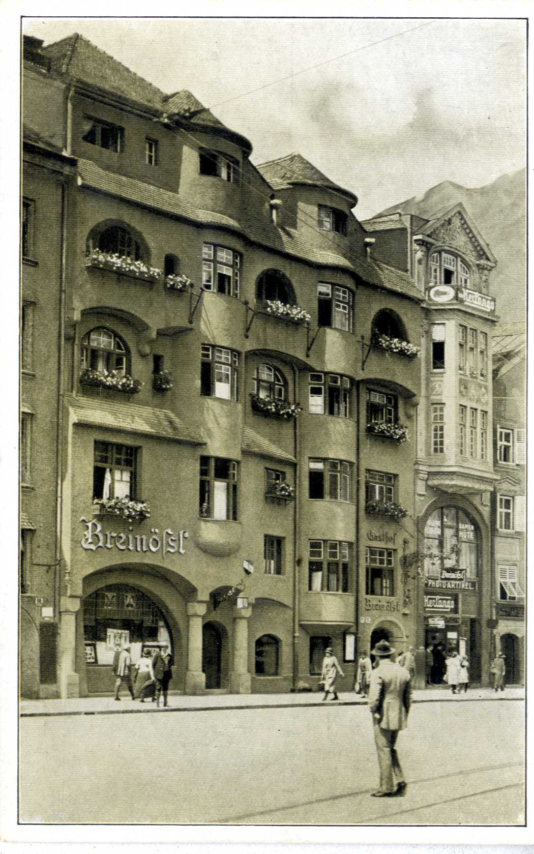 Werbepostkarte des Gasthofs Breinößl in der Maria-Theresien-Straße.