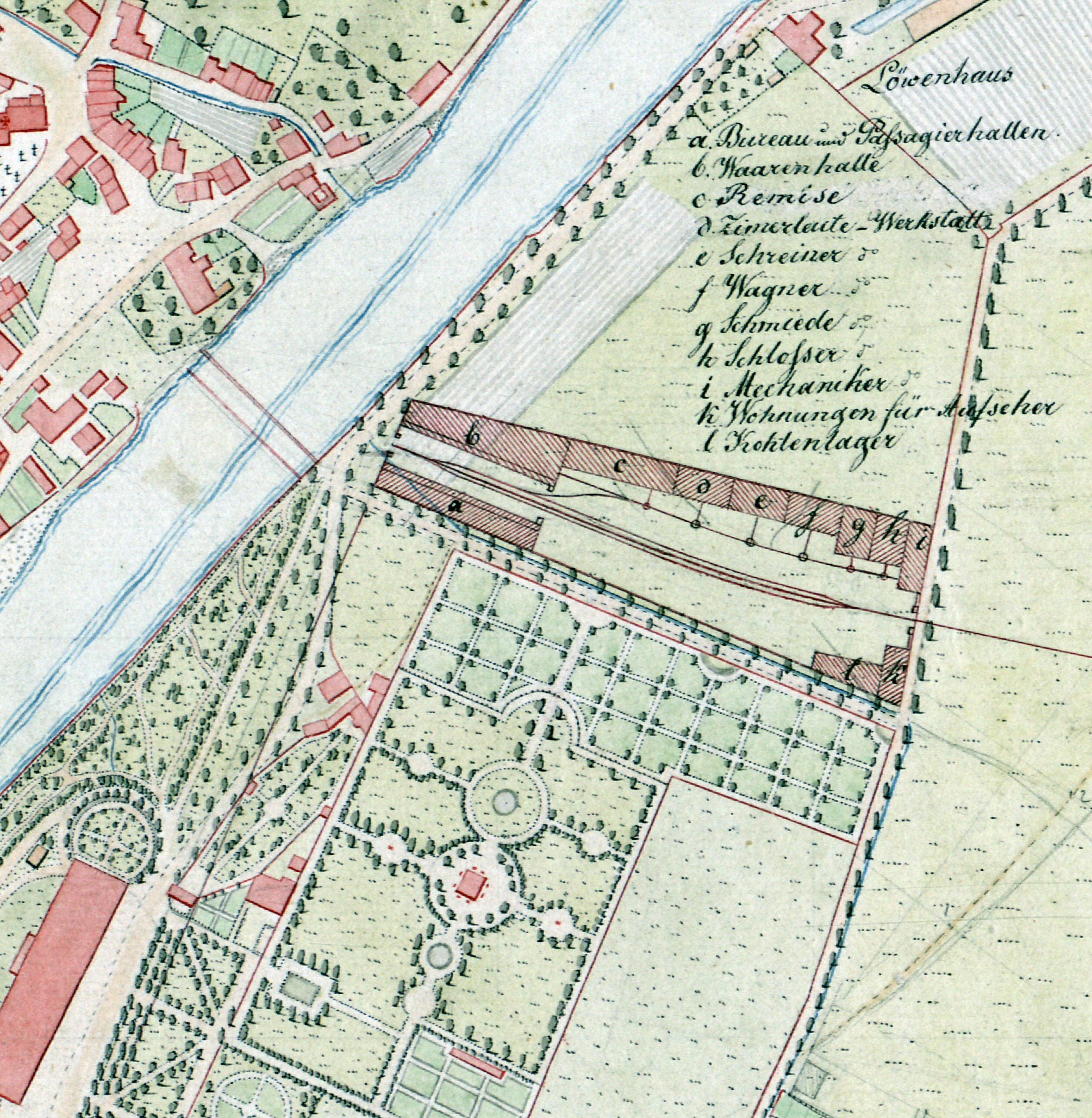 Ausschnitt aus der Innstromkarte, Blatt 58,1821/22 mit der nachträglichen
Einzeichnung des Bahnhofs im Detail.