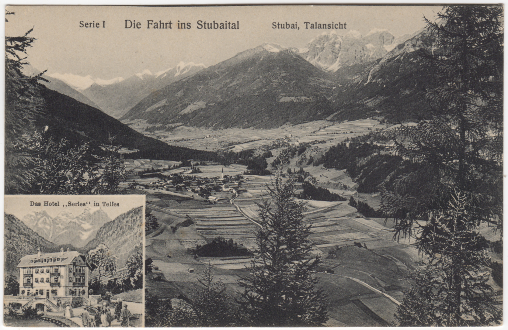 Das Stubaital: damals wie heute ein beliebtes Ausflugsziel für Innsbrucker. Mit der Inbetriebnahme der Stubaitalbahn im Jahre 1904 ist selbiges für jeden durch eine kurze Fahrt erreichbar. Unten im Bild das Hotel Serles.
