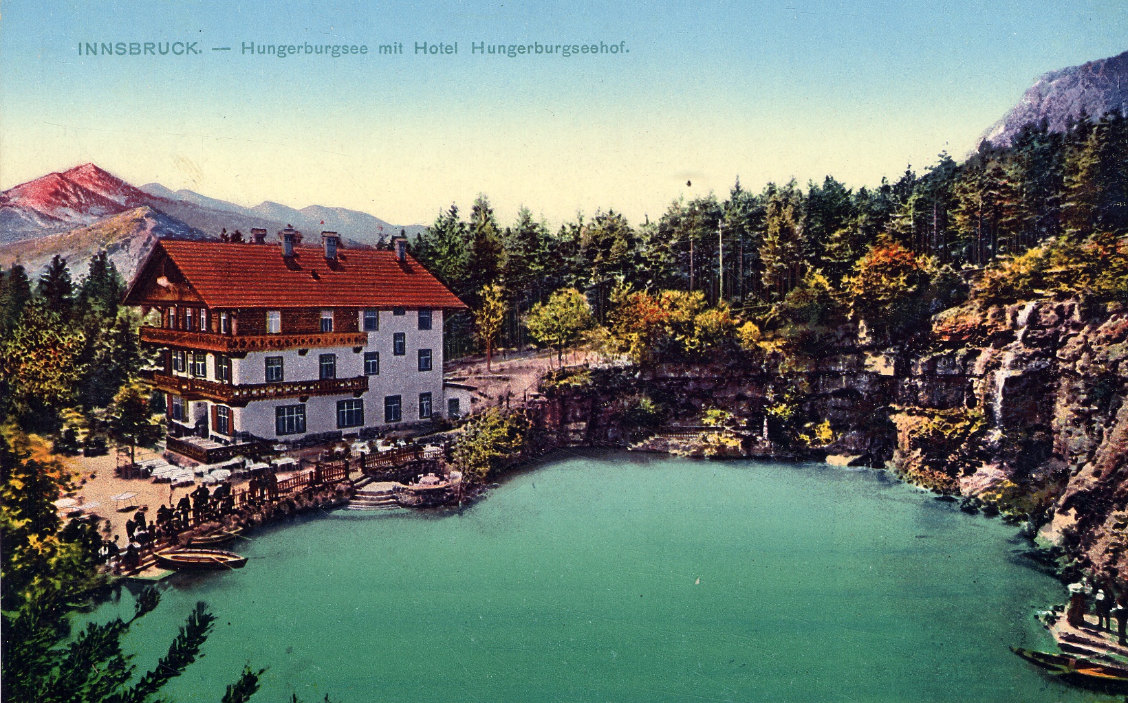 Hungerburgsee mit Hotel Hungerburgseehof. Farbpostkarte, zwischen 1912 und 1920