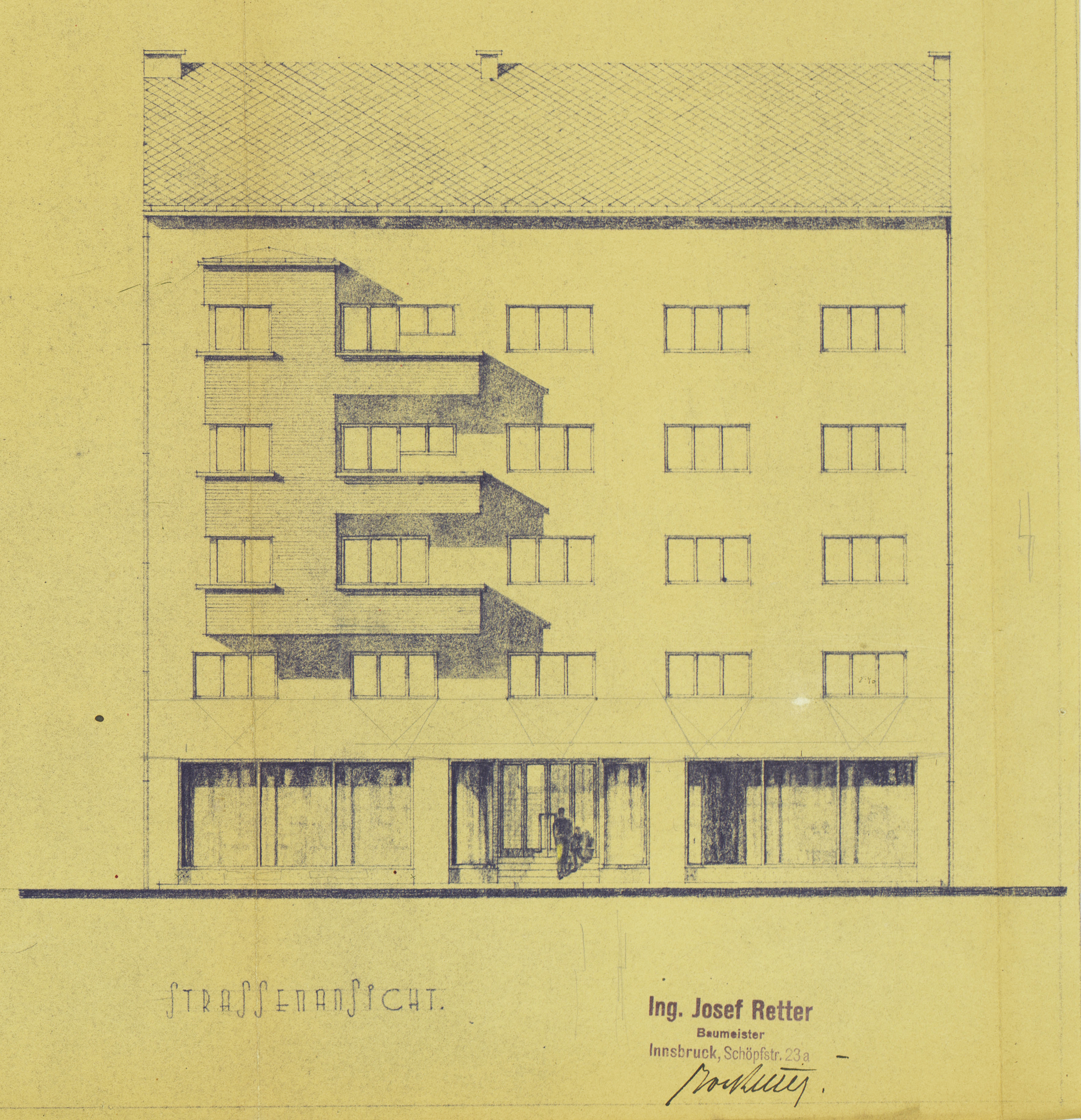 Die Zeichnung der straßenseitigen Fassade von Ing. Josef Retter aus dem Jahre 1932 zeigt deutlich die Auslagen der beiden Ladenlokale, die 1935/36 zum „Stieglbräu“ umgebaut wurden.