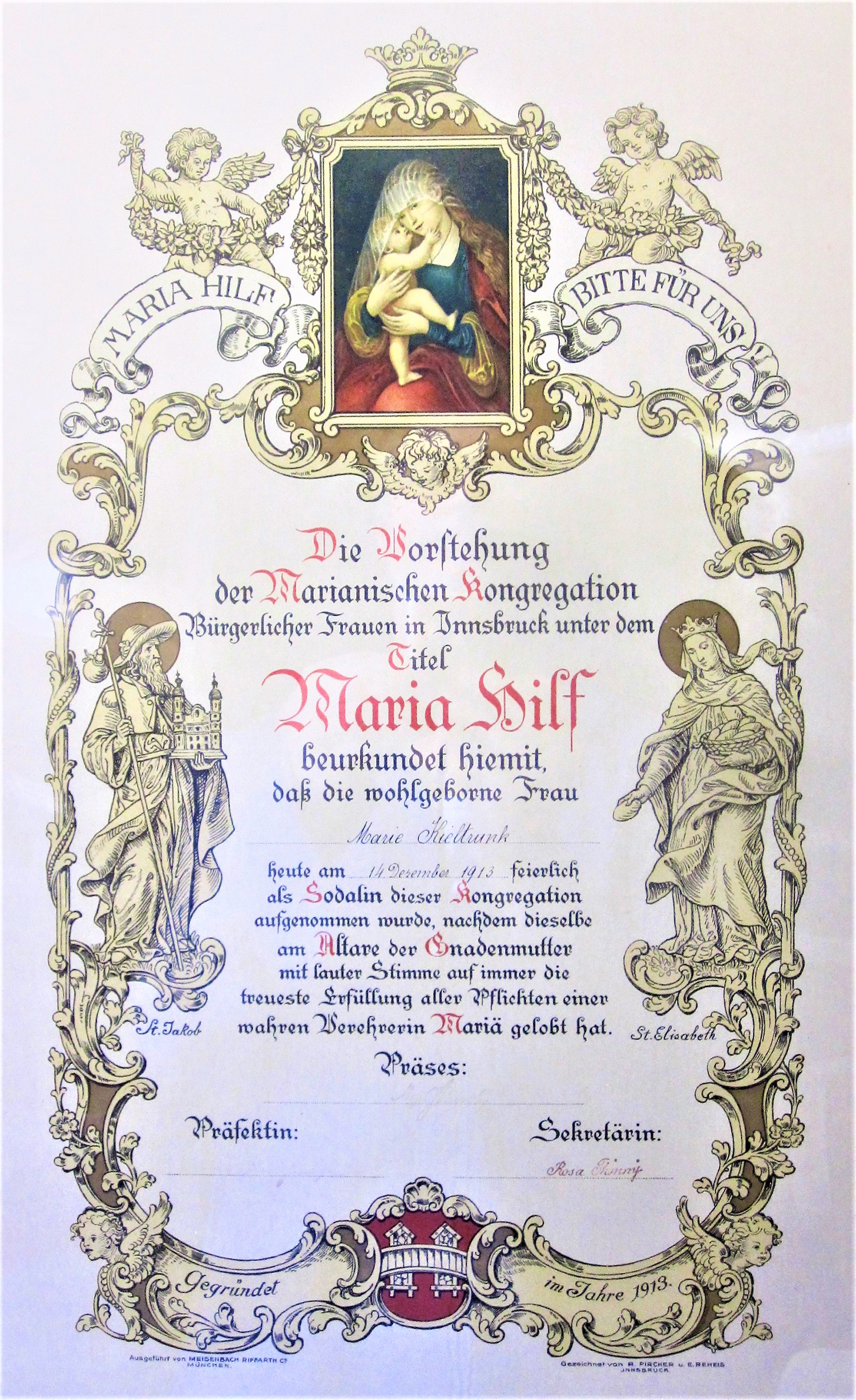 „Diplom“ der Marianischen Kongregation Bürgerlicher Frauen in Innsbruck, datiert mit 14.12.1913.