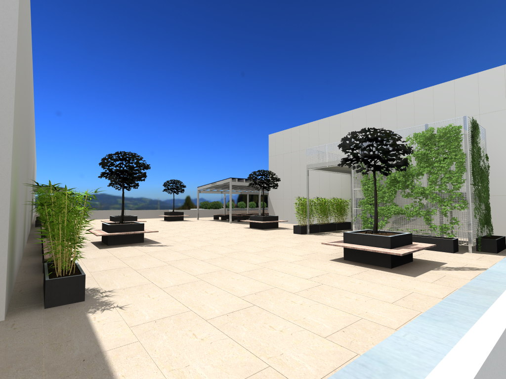 Die Visualisierung zeigt die entstehende grüne Nutzungsfläche und die geplanten Pergolen. Durch die Aufwertung kann die Terrasse künftig als individueller oder kollektiver Lernort, aber auch als Ruhe- und Bewegungsbereich besonders während den Pausen genutzt werden.