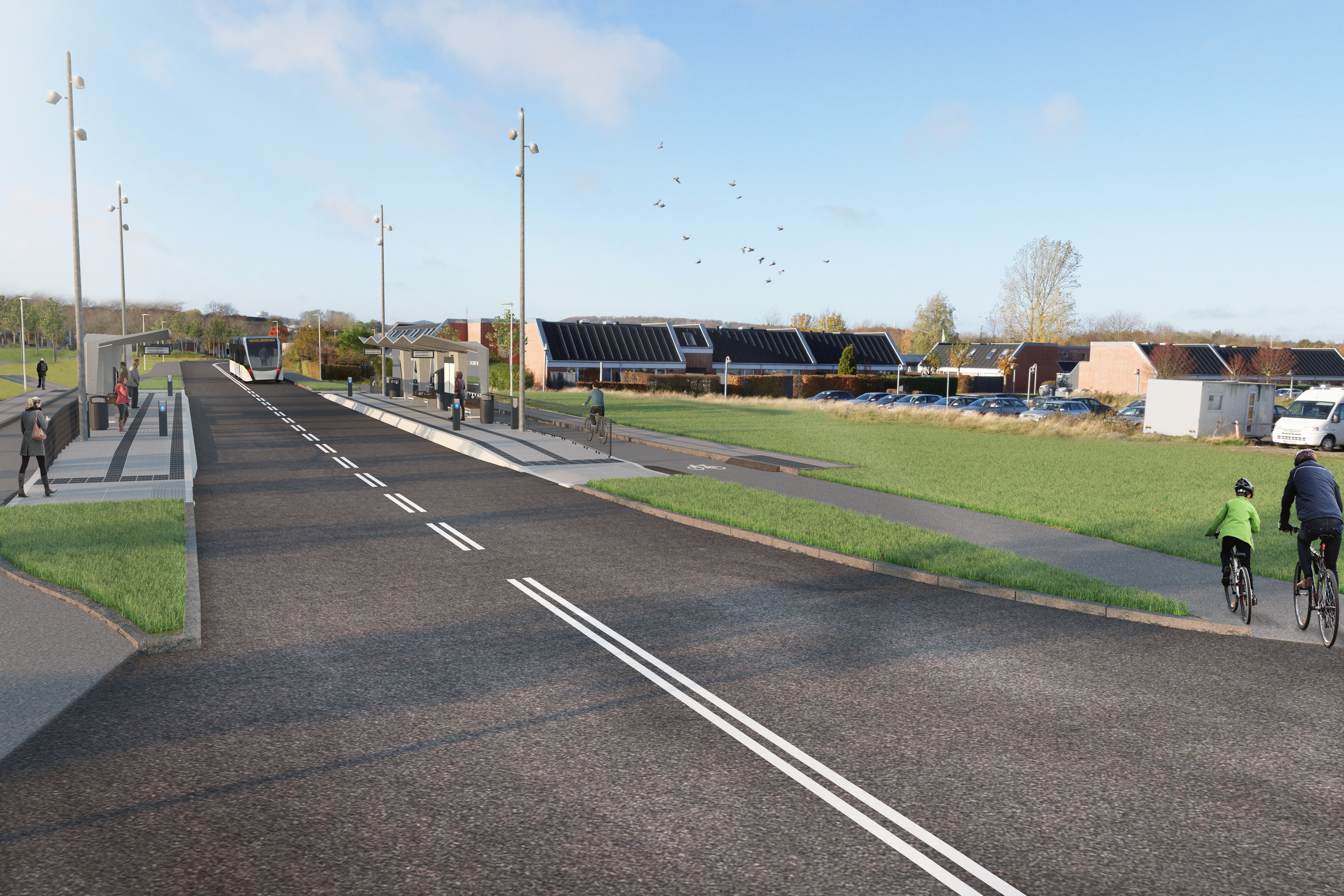 Die Visualisierung des BRT-Korridors (Bus Rapid Transit) zeigt, wie das Zusammenspiel zwischen Fahrrad und öffentlichem Verkehr in Aalborg zukünftig aussehen soll.