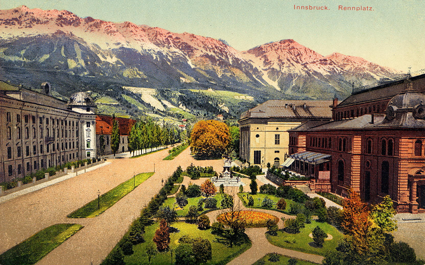 Ansicht des Rennwegs mit Rennplatz Richtung Norden (kolorierte Postkarte, ohne Datum)