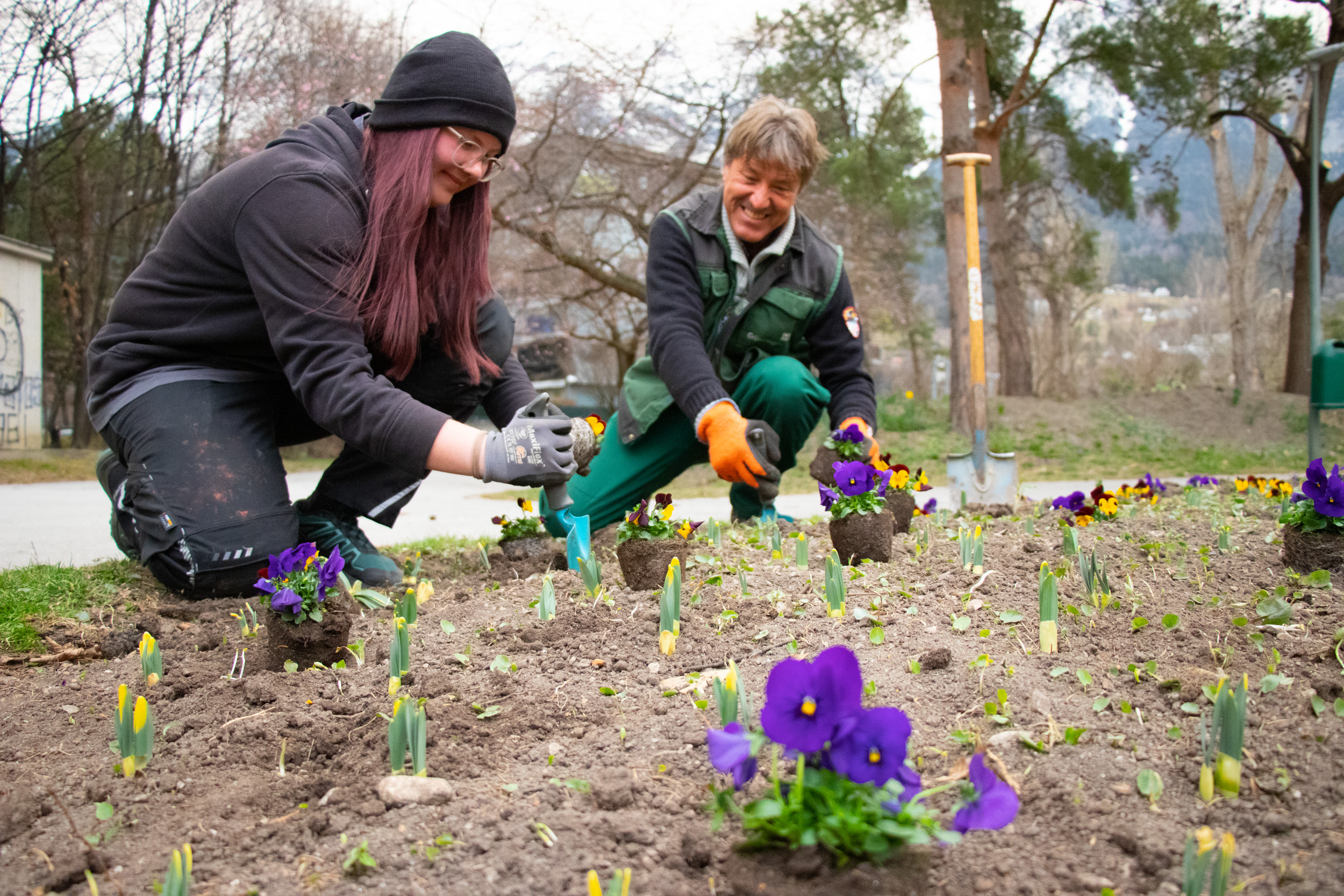 Landschaftsgärtnerin-Lehrling Jasmin Mair und Gärtner Franz Gatt von den Grünanlagen bringen Farbe in die Stadt.