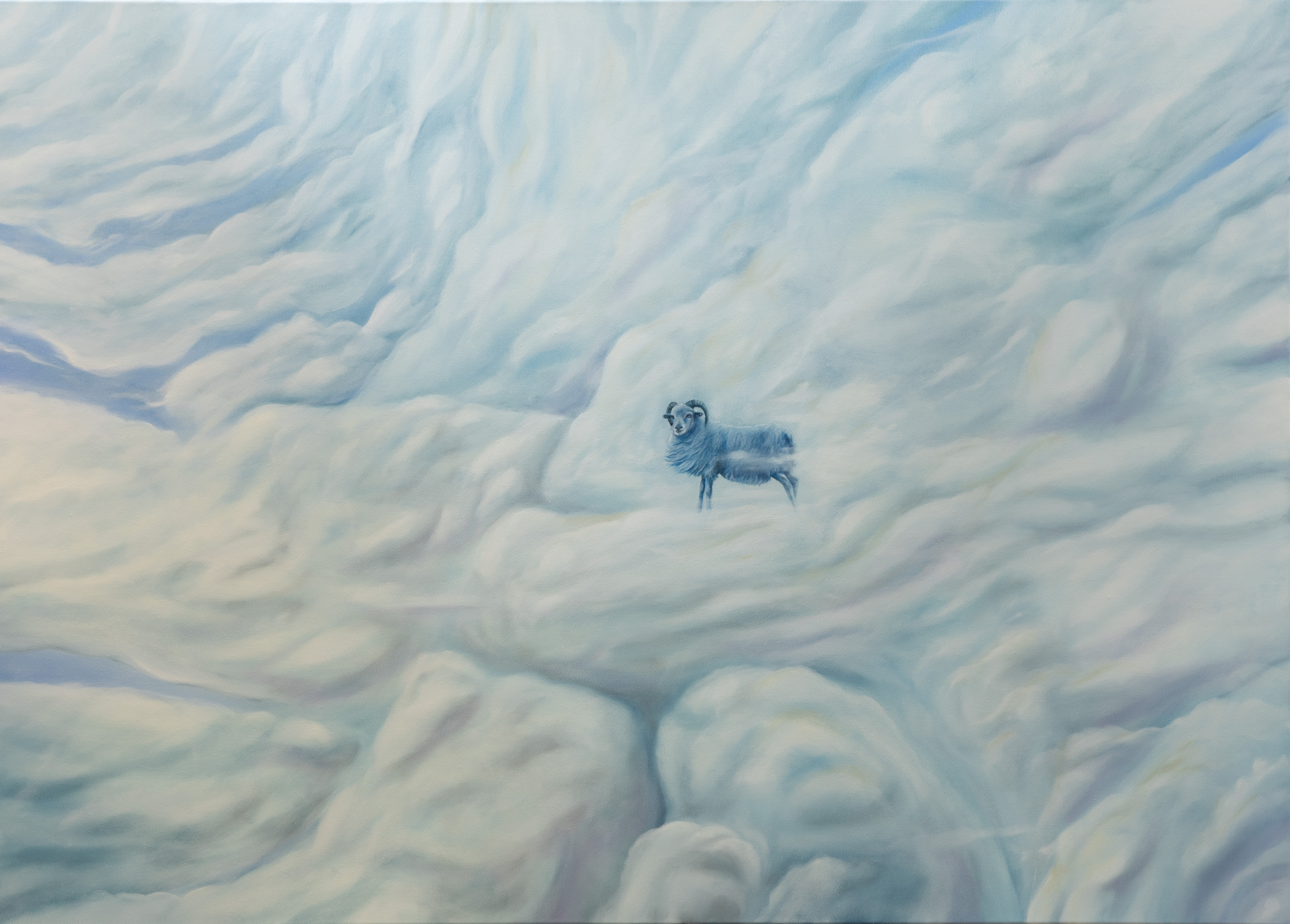 Aus der Ausstellung „‘perfect blue‘. Die (scheinbar) perfekte Welt“ von Martin Hörtnagl, die in der städtischen Galerie Plattform 6020 von 8. Juni bis 30. Juli zu sehen ist: „Der blaue Chnum“ (2021, 140 x 100 cm, Öl auf Leinwand).