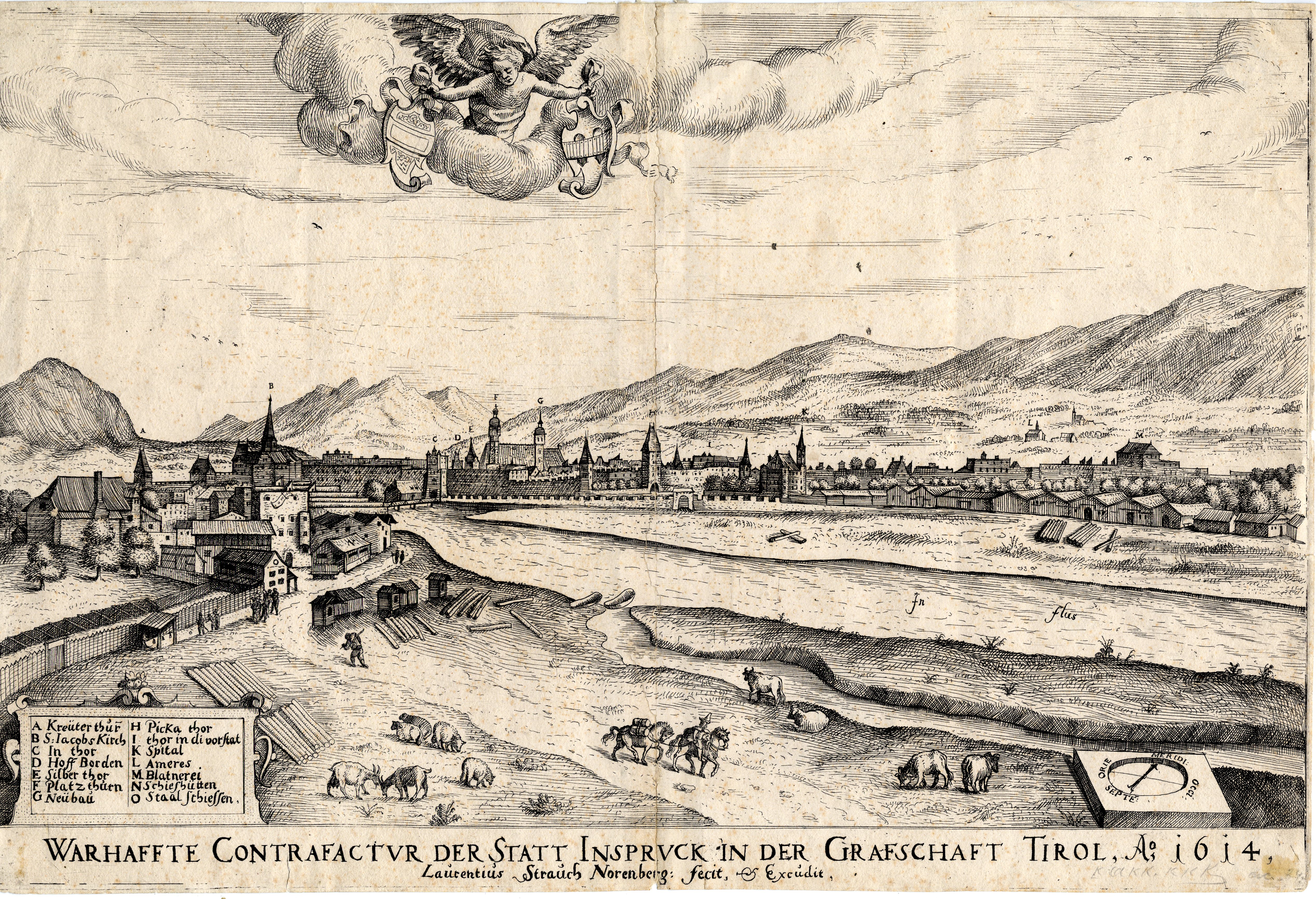 Der Kupferstich des Nürnbergers Lorenz Strauch (1554–1630) zeigt eine Ansicht von Innsbruck gegen Südosten im Jahr 1614. Im Bereich des Weidelandes im Vordergrund befand sich das Köpfplatzl.