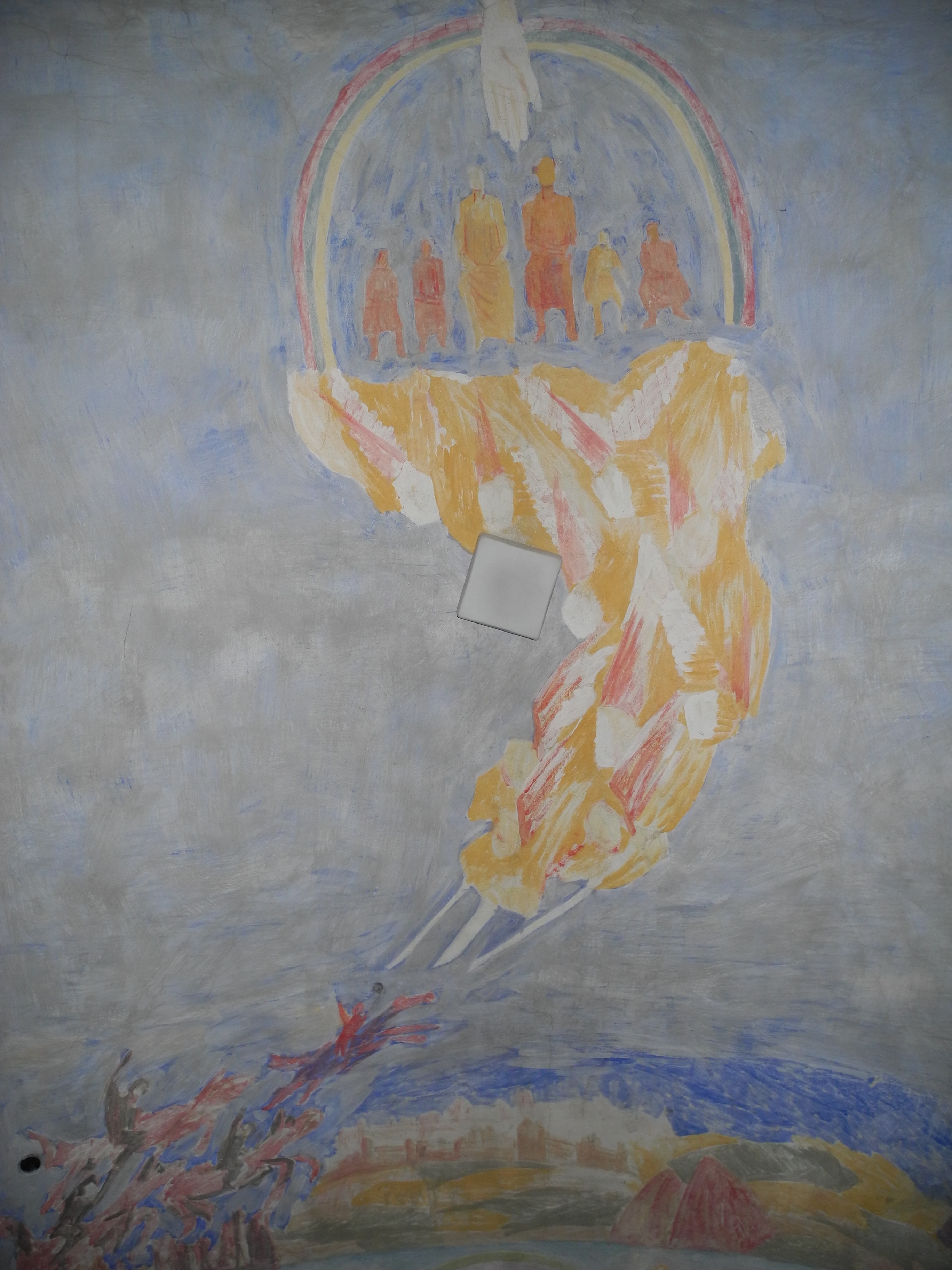 An der Decke ist die Familie des Künstlers als Votant zwischen der schützenden Hand Gottes, den himmlischen Heerscharen und der kriegerischen Bedrohung dargestellt.