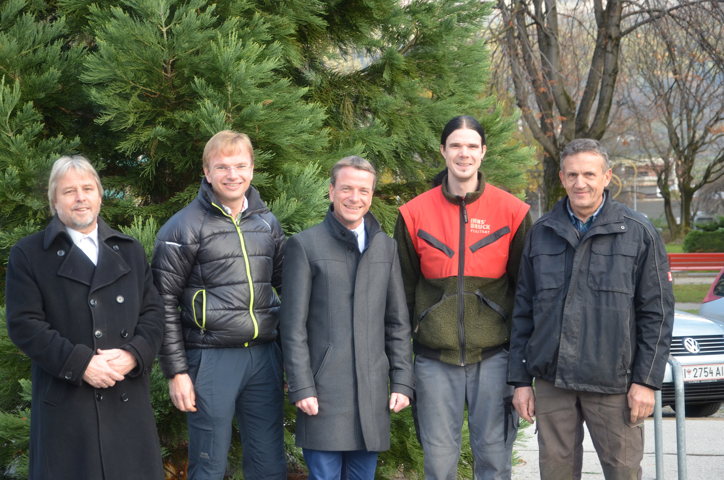 Vor dem exotischen Christbaum im Olympischen Dorf (v.l.): Vertreter der Vereine Olympisches Dorf Hans Sedetzki, Referatsleiter Land- und Forstwirtschaft Albuin Neuner, Vizebürgermeister Christoph Kaufmann und die Mitarbeiter des städtischen Forstamtes Jürgen Geier und Andreas Hupfauf