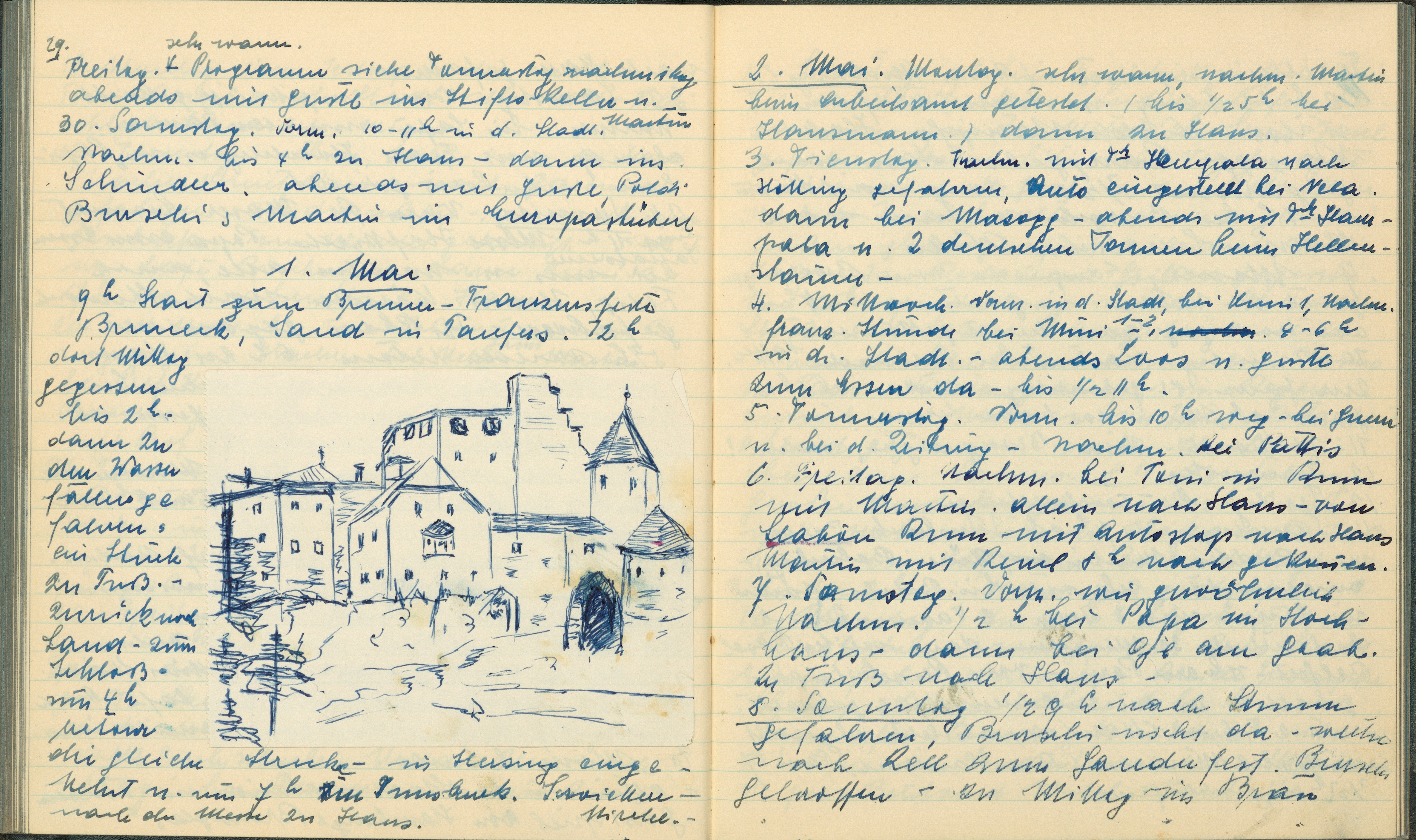 Zwei Seiten aus Trude Löfflers Tagebuch (29. April–8. Mai 1955).