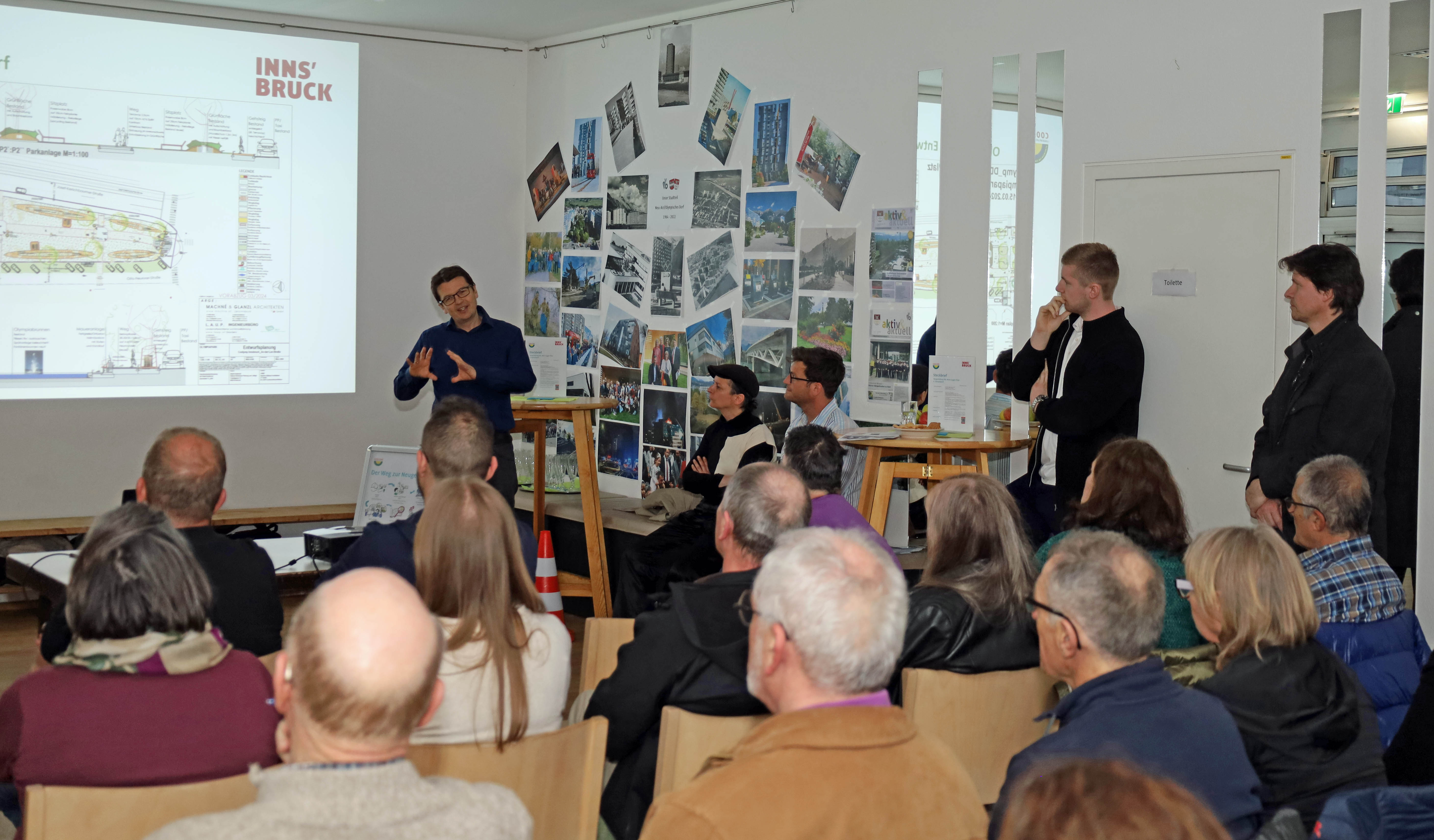 Referent Markus Pinter (Grünanlagen) präsentiert den Entwurf zur Neugestaltung des Olympiaparks, der Detailplan wird im Herbst 2024 vorgestellt. Die Arbeiten an Olympiapark und An-der-Lan-Straße sind für Frühjahr 2025 geplant.