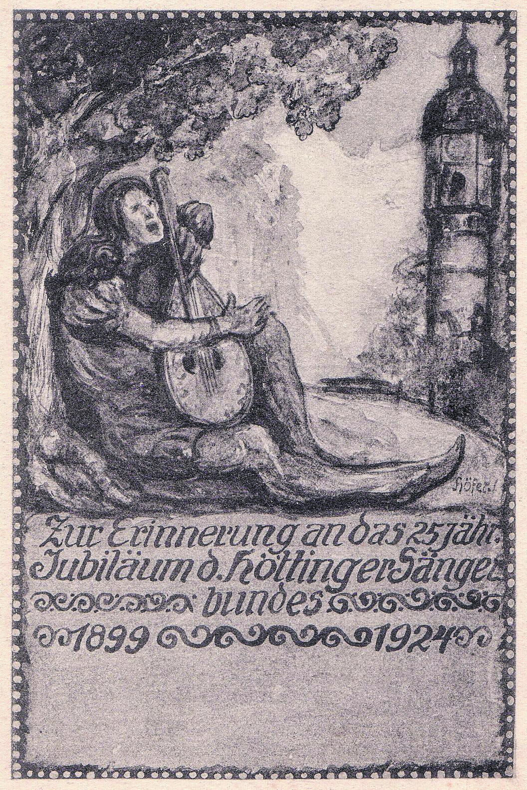 Die Postkarte zeigt die graphische Darstellung eines Minnesängers, der unter einem Baum sitzend auf einer Laute spielt und singt. Rechts von ihm ist die alte Höttinger Kirche zu erkennen. Unter der Darstellung befindet sich folgender Text: „Zur Erinnerung an das 25-jähr. Jubiläum d. Höttinger Sängerbundes 1899 – 1924“.