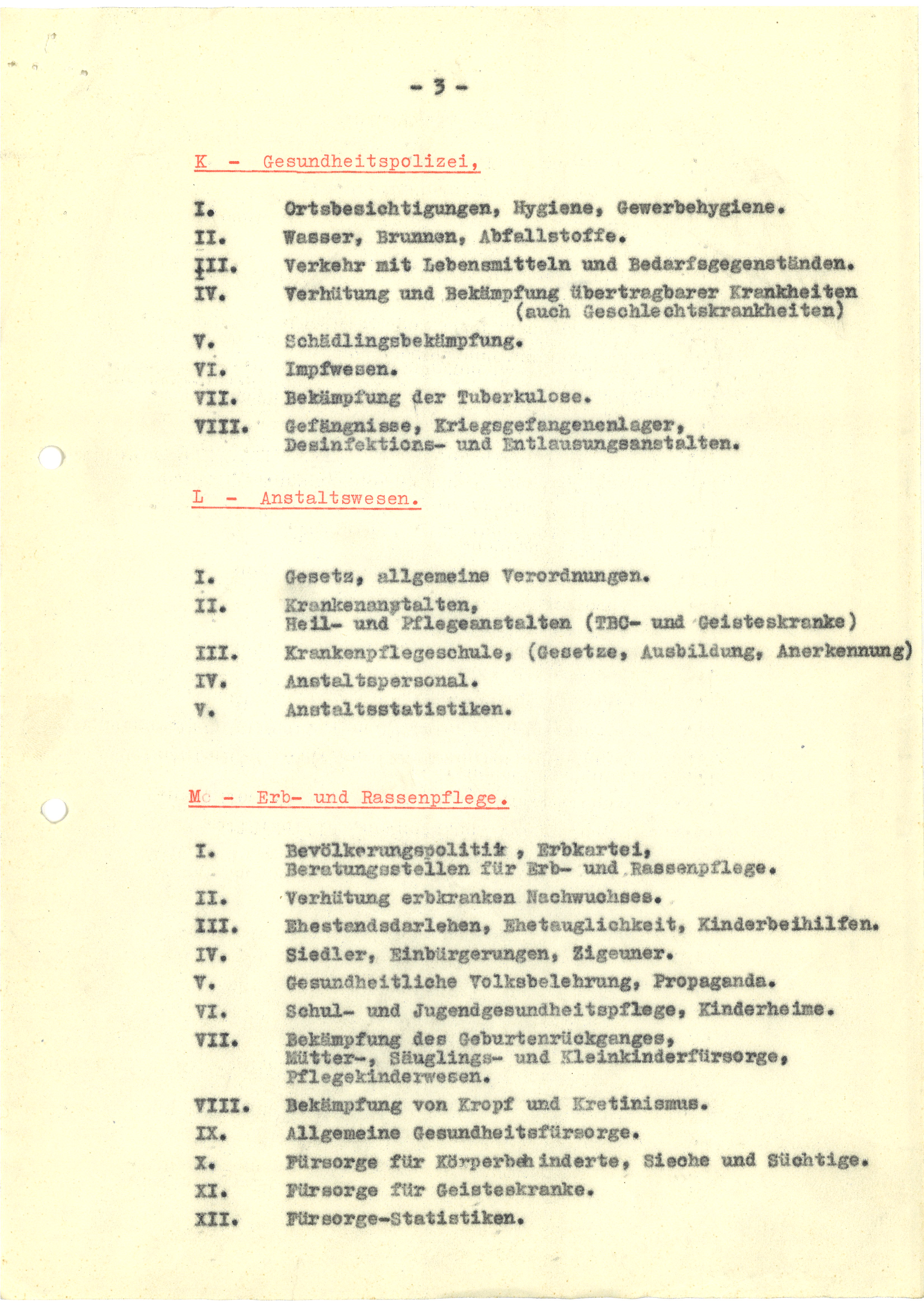 "Erbbiologische" Agenden der Gesundheitsämter im Nationalsozialismus laut Aktenplan.