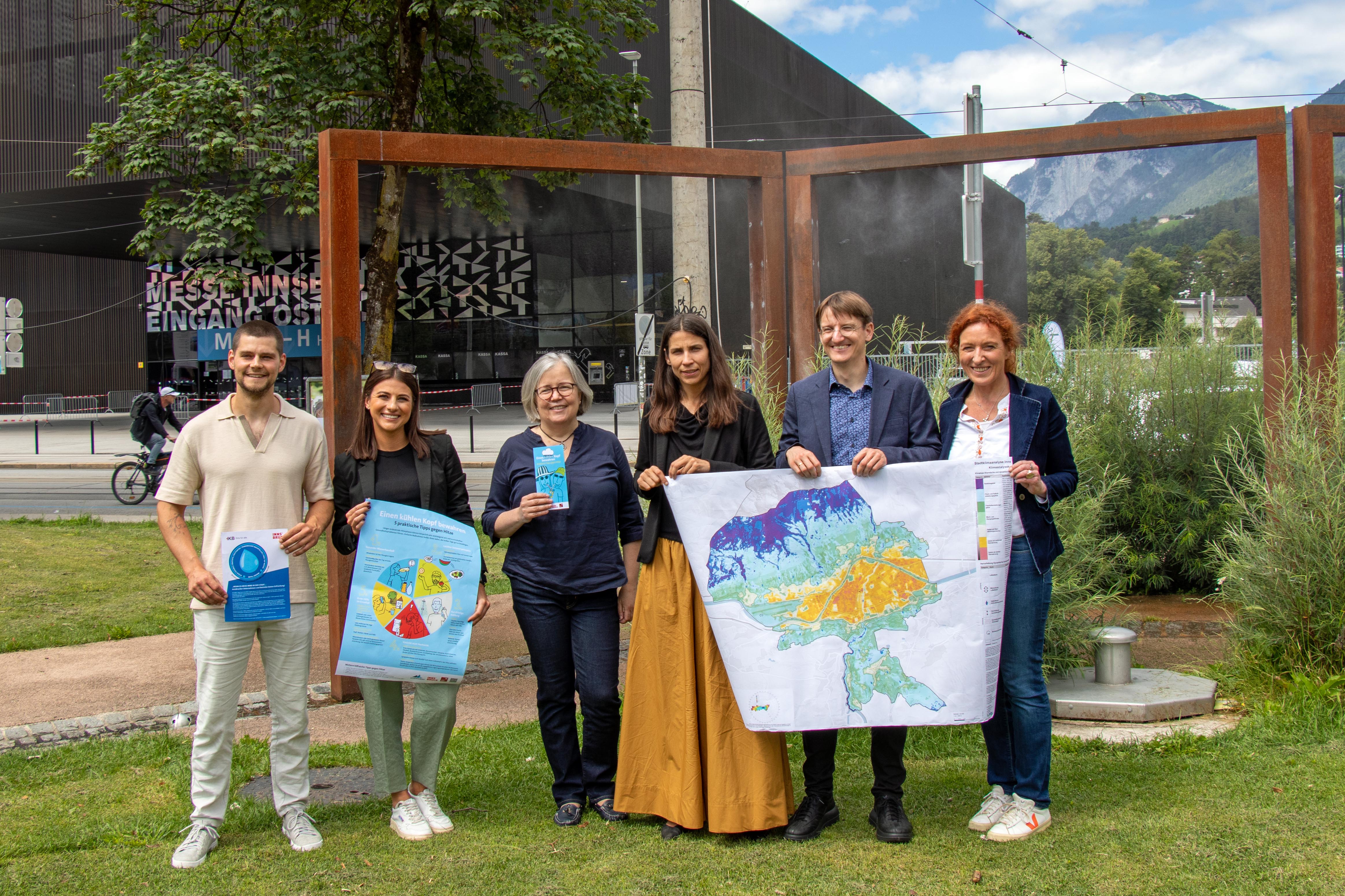 Die Stadtklimaanalyse (r. unten) identifiziert Hitzeinseln im Innsbrucker Stadtgebiet.