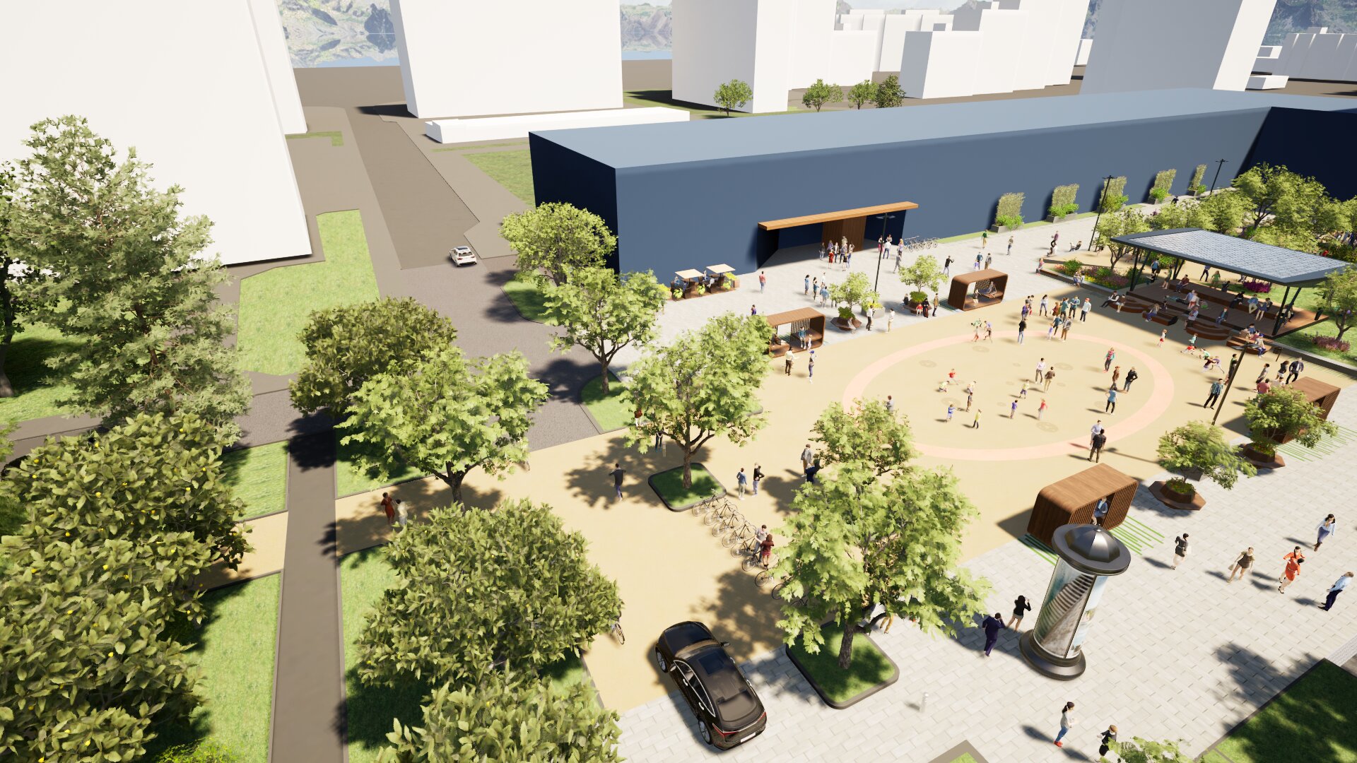 Die planmäßige Neugestaltung des Abschnittes An-der-Lan-Straße verbindet Park und Platz (Visualisierung).