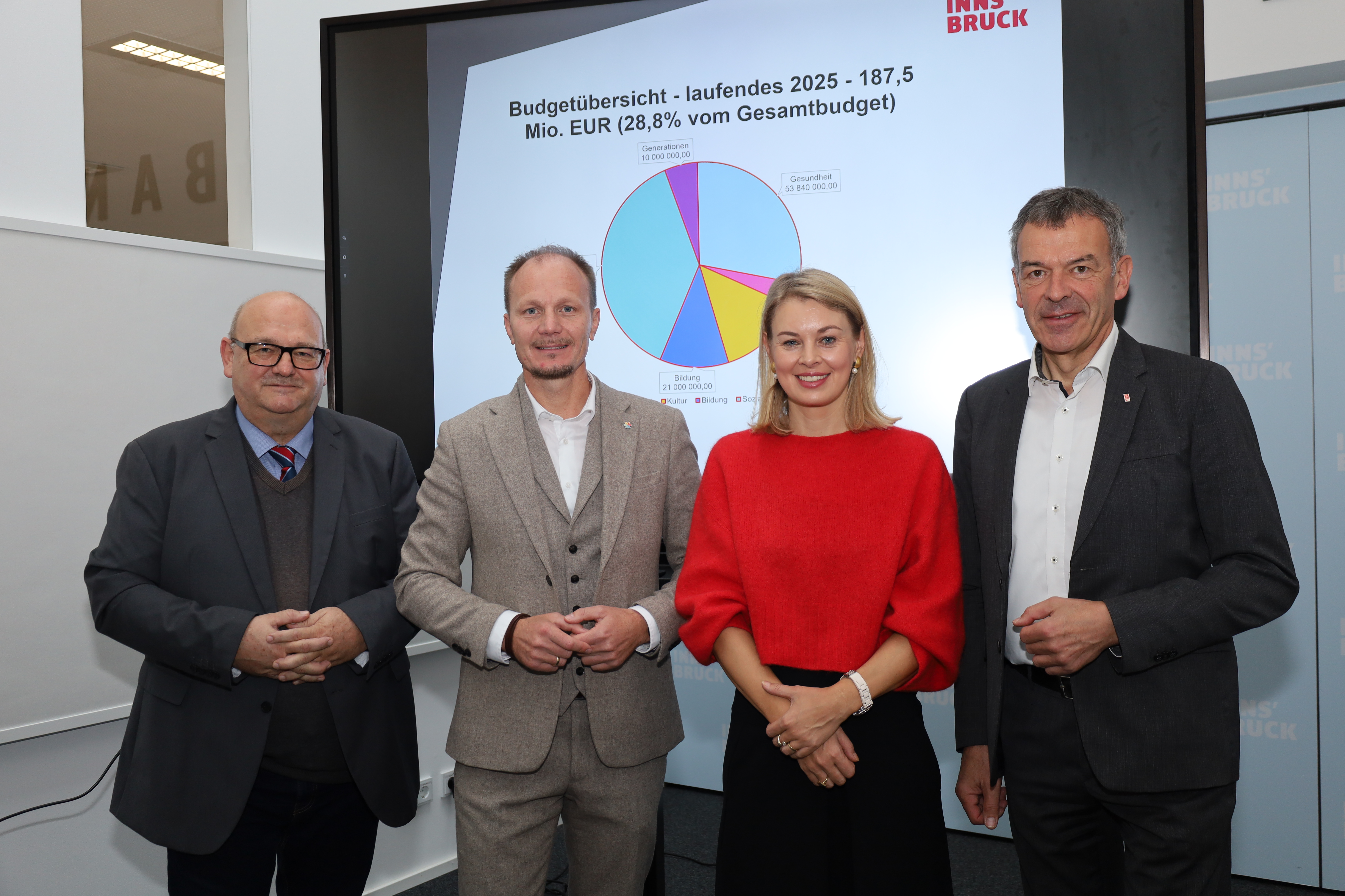Politik in Zahlen gegossen: Bürgermeister Johannes Anzengruber präsentierte gemeinsam mit Vizebürgermeister Georg Willi (1. v.r.), Vizebürgermeisterin Elisabeth Mayr und Finanzdirektor Martin Rupprechter (1. v.l.) den großen Bereich der Daseinsvorsorge aus dem Budgetvoranschlag 2025.