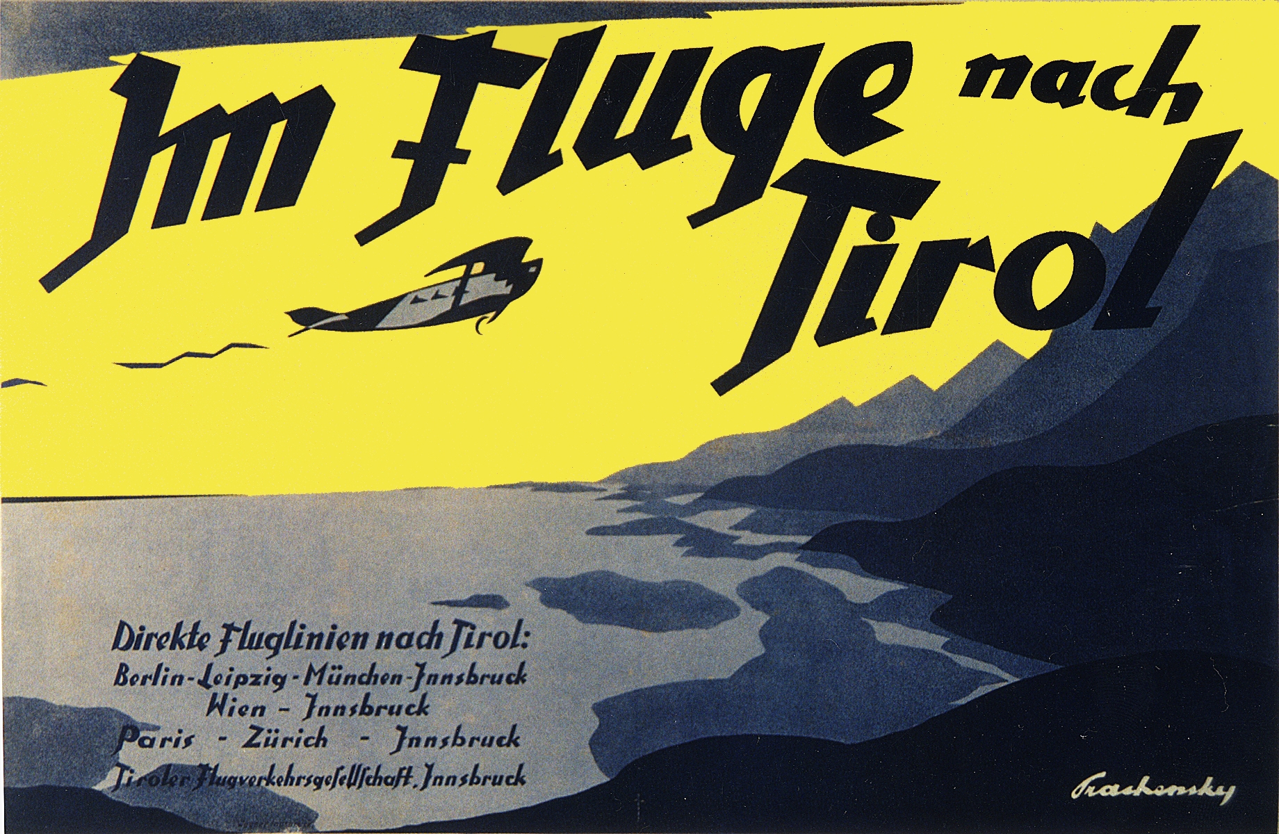 Die Tiroler Flugverkehrsgesellschaft warb mit dem von Wilhelm Nicolaus Prachensky entworfenen Plakat für Flugreisen nach Tirol.
