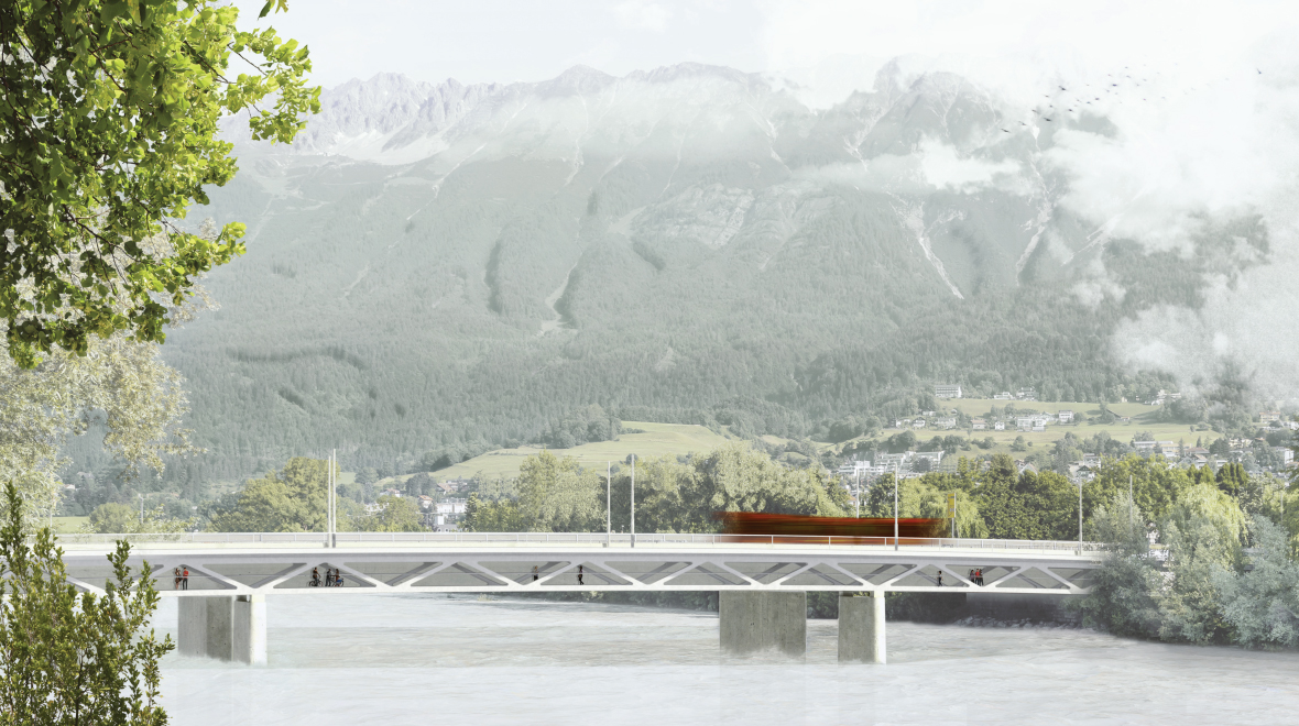 Für die Verlängerung der Tram/Regionalbahn errichtet die IVB, in Kooperation mit dem Tiefbauamt der Stadt Innsbruck, eine neue Straßenbahnbrücke unterhalb der Grenobler Brücke.